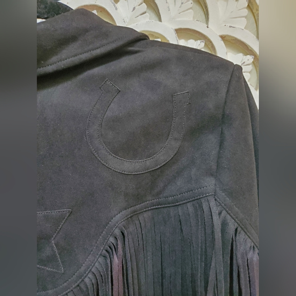 NWT Unique Vintage Black Faux Suede Tassle Fringe Cropped Jacket 1X / 16 - Picture 12 of 16